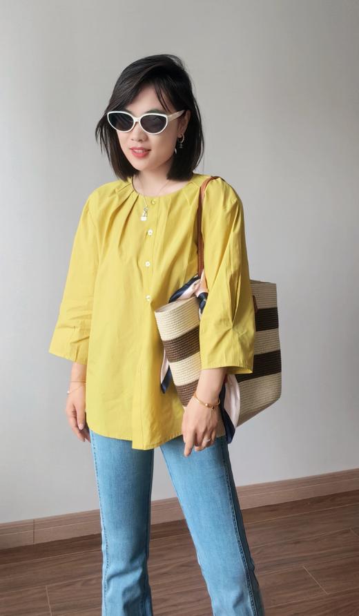 法式设计感轻薄凉感天丝棉打褶圆领显瘦中袖衬衫 商品图5