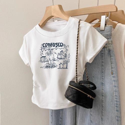 丁摩 正肩大码短袖t恤女新款修身卡通减龄内搭甜辣不规则上衣夏装5ZF-622 商品图1