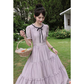 【65折秒杀】鹿向南「茵曼田园」法式气质优雅显瘦紫色短袖连衣裙女A字长裙夏