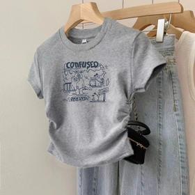 丁摩 正肩大码短袖t恤女新款修身卡通减龄内搭甜辣不规则上衣夏装5ZF-622