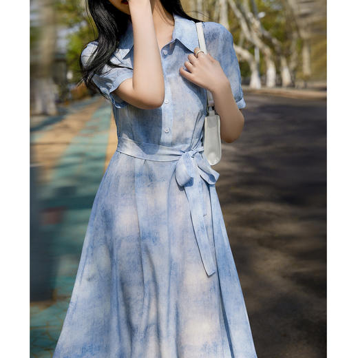 丁摩高端重磅桑蚕丝衬衫长裙子法式扎染蓝色真丝连衣裙AL3080 商品图3