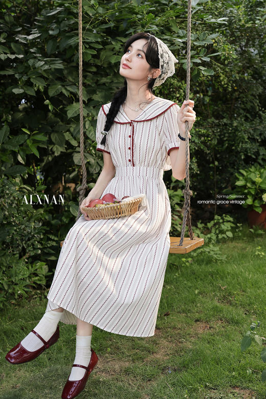 鹿向南「仲夏来信」气质翻领红拼杏条纹短袖连衣裙女A长字裙夏季 商品图5