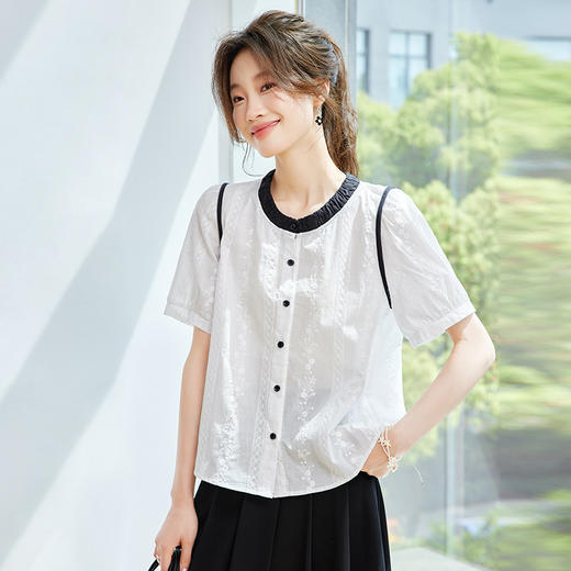 雀说绣花短袖撞色衬衫新款时尚休闲宽松薄款舒适女装衬衣AL7073 商品图0
