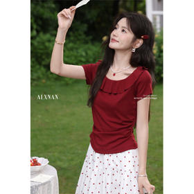 鹿向南岛屿玫瑰」红色法式女短袖t恤夏季小众褶皱收腰修身上衣