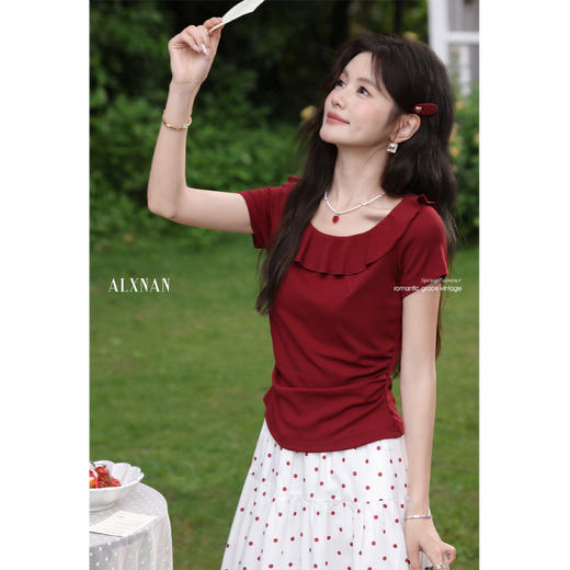 鹿向南岛屿玫瑰」红色法式女短袖t恤夏季小众褶皱收腰修身上衣 商品图0