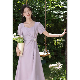 鹿向南「芋芋奶冰」法式气质紫色短袖连衣裙夏新款时尚优雅长裙女
