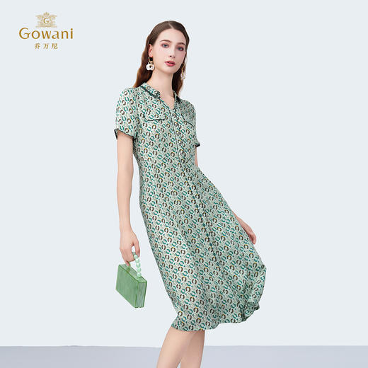 乔万尼新款100%真丝V领修身印花中长款连衣裙ED2E403 商品图2