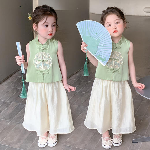 【立领汉服设计，时尚又经典！】女童立领汉服阔腿裤套装 夏季新款时尚小女孩洋气两件套 中小童套装-QQ 商品图0
