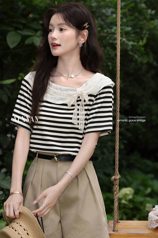 鹿向南「奥利奥奶盖」黑白条纹T恤女夏新款短袖正肩独特别致上衣 商品图5