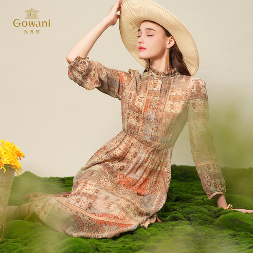 乔万尼2025新品波西米亚风100%桑蚕丝收腰印花真丝裙ED2E442 商品图1