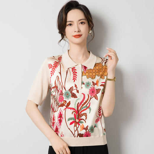 丁摩桑蚕丝针织polo衫T恤女翻领五分袖真丝上衣薄ALJ62538 商品图1