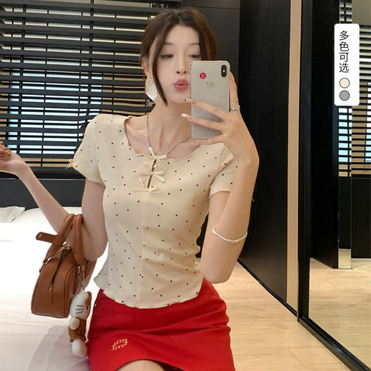 西遇波点短袖T恤女夏季新款蝴蝶结正肩修身显瘦短款上衣SS050877 商品图0
