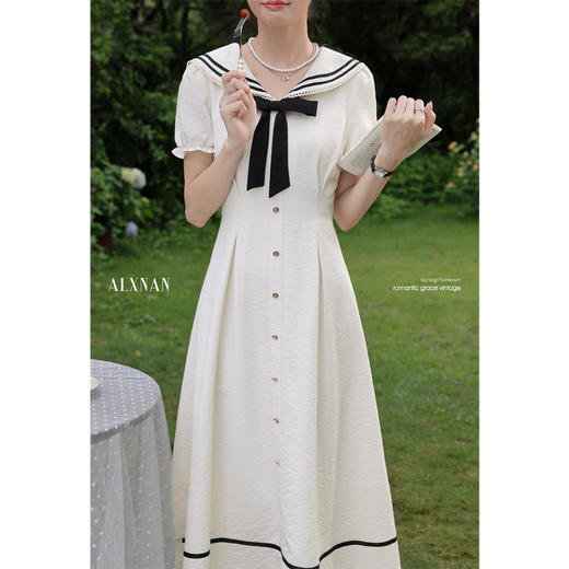 鹿向南「航海日记」夏季学院风女短袖连衣裙时尚气质显瘦法式长裙 商品图1