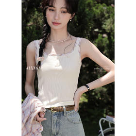 鹿向南「芋桃小酥」米白色无袖吊带背心女夏季小众修身内搭上衣