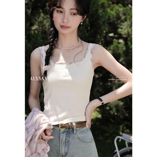 鹿向南「芋桃小酥」米白色无袖吊带背心女夏季小众修身内搭上衣 商品图0