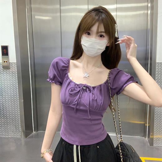 西遇泡泡袖T恤女夏季新款蝴蝶结系带正肩修身显瘦短款上衣SS050881 商品图1