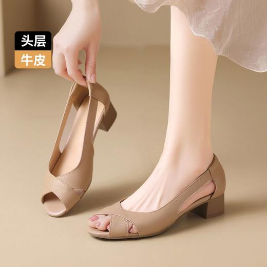 ZHR则则头层牛皮真皮鱼嘴露趾凉鞋镂空气质2025夏新款粗跟高跟鞋 商品图9