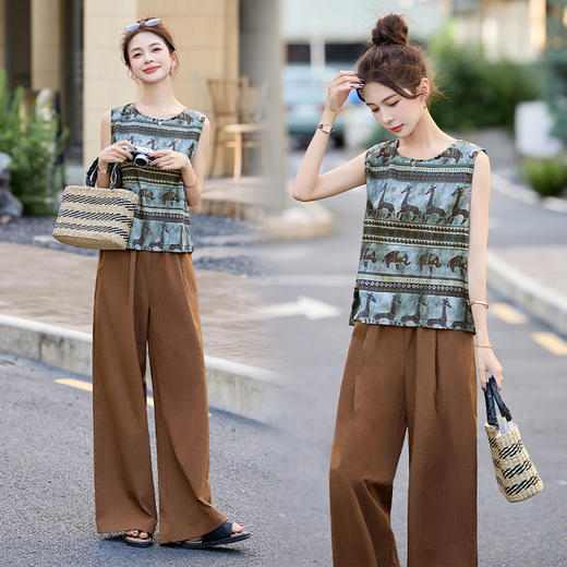 夏装复古老钱风气质圆领印花背心休闲阔腿裤套装女  HPT-CPYY8151 商品图0