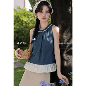 【65折秒杀】鹿向南「靛蓝剖白」蓝色牛仔无袖背心女夏季新款法式拼接挂脖上衣L55959