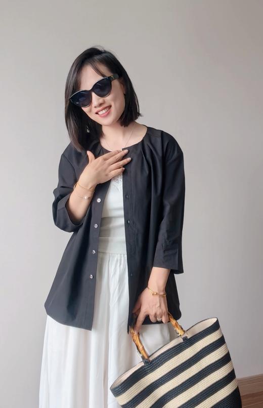 法式设计感轻薄凉感天丝棉打褶圆领显瘦中袖衬衫 商品图9