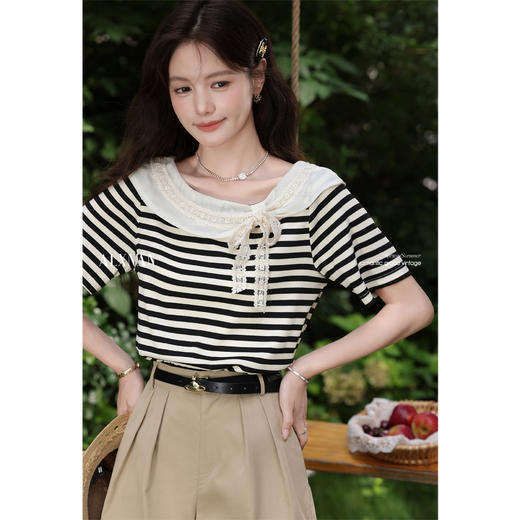 鹿向南「奥利奥奶盖」黑白条纹T恤女夏新款短袖正肩独特别致上衣 商品图2