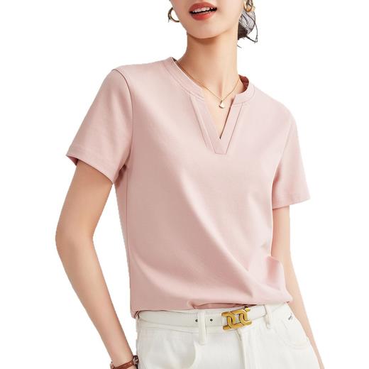 丁摩 80s双面丝光棉T设计感短袖T恤女夏季正肩合身V领纯色上衣挺括体恤5ZF-  M674 商品图4