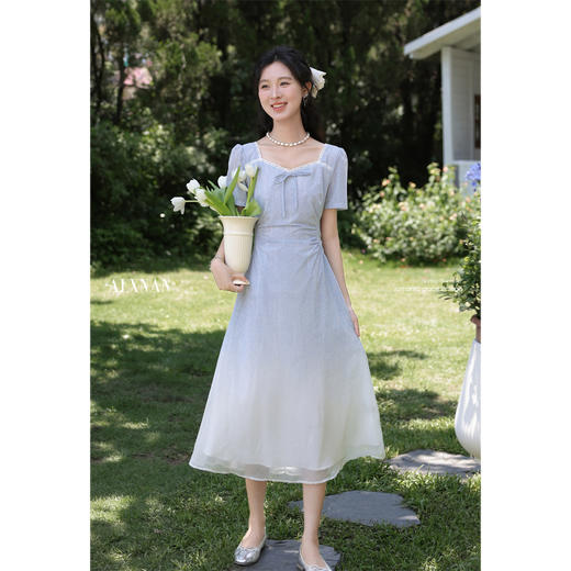 鹿向南「浦月少女」法式浅蓝色短袖连衣裙夏季新款时尚收腰长裙女DYL661807 商品图2