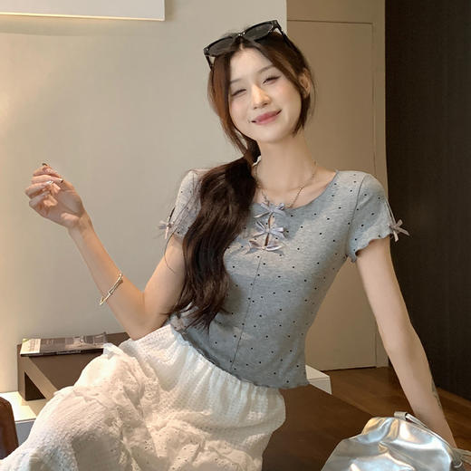西遇波点短袖T恤女夏季新款蝴蝶结正肩修身显瘦短款上衣SS050877 商品图3