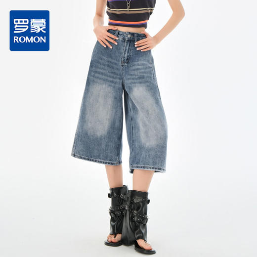 罗蒙夏季女士牛仔裤高腰显瘦阔腿七分裤时尚百搭宽松牛仔裤休闲通勤裤子 商品图0
