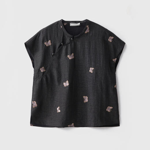 丁摩 真丝香云纱蝴蝶刺绣立领连肩袖衬衣女100桑蚕丝显瘦上衣夏新款5ZF-52049 商品图5