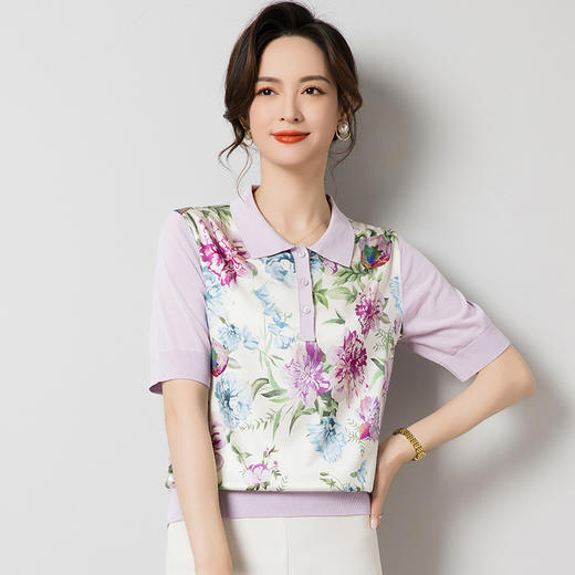 丁摩桑蚕丝针织polo衫T恤女翻领五分袖真丝上衣薄ALJ62538 商品图0