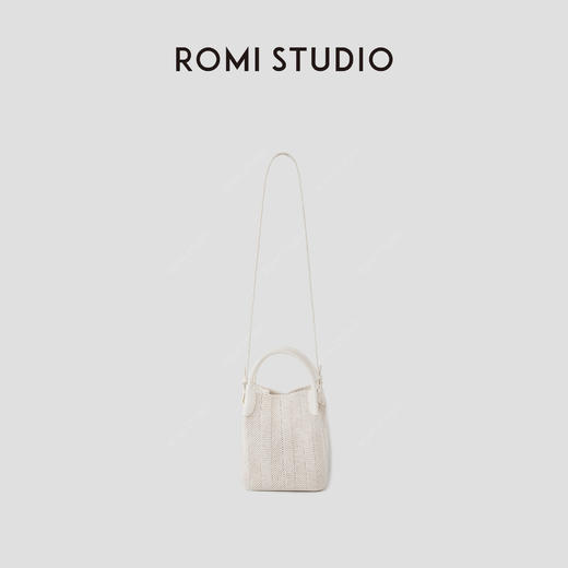 ROMI STUDIO 编织棉绳和头层牛皮革米白单肩斜跨水桶包RWCRP33738【发货时间：25-30天】 商品图0