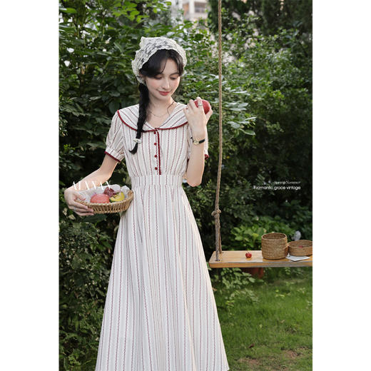 鹿向南「仲夏来信」气质翻领红拼杏条纹短袖连衣裙女A长字裙夏季 商品图4