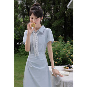 鹿向南「雨后小苍兰」法式气质灰蓝色短袖连衣裙女夏A字掐腰长裙DYL661879