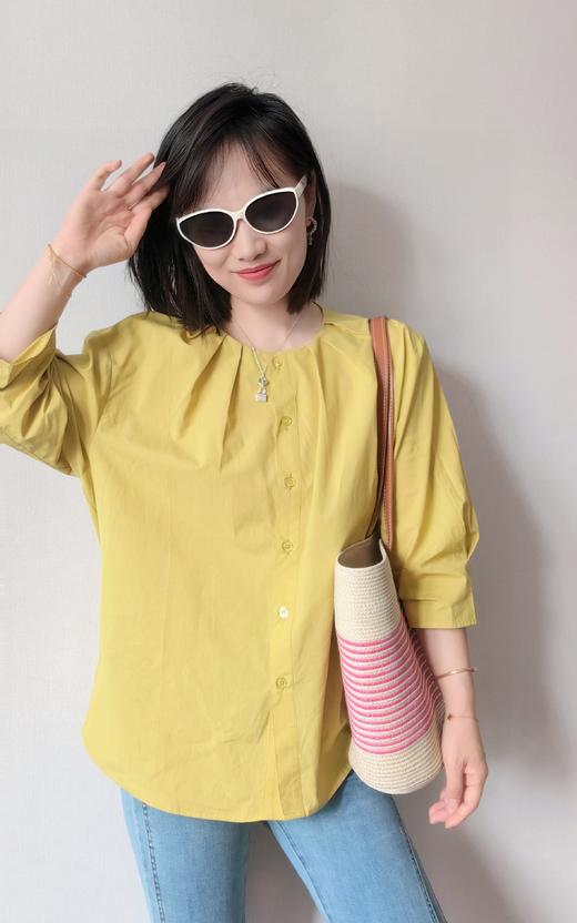法式设计感轻薄凉感天丝棉打褶圆领显瘦中袖衬衫 商品图2