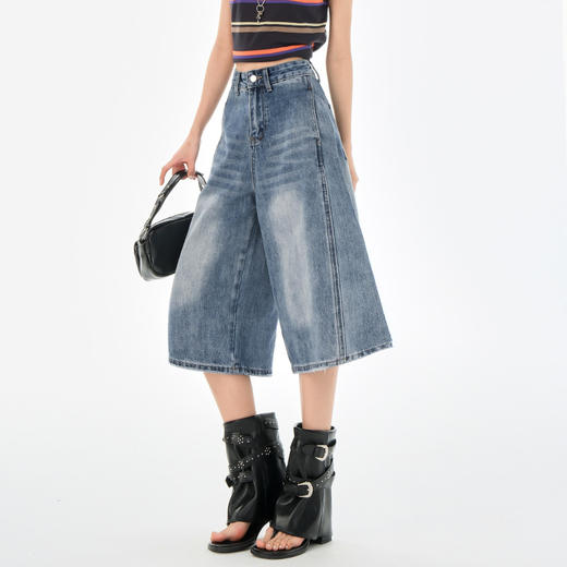 罗蒙夏季女士牛仔裤高腰显瘦阔腿七分裤时尚百搭宽松牛仔裤休闲通勤裤子 商品图1