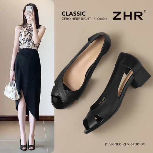 ZHR则则头层牛皮真皮鱼嘴露趾凉鞋镂空气质2025夏新款粗跟高跟鞋 商品图0