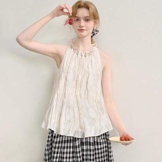 法式复古优雅串珠木耳边挂脖领压花衬衫女夏季捏褶衬衣V1050636 商品图2