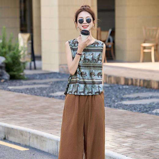 夏装复古老钱风气质圆领印花背心休闲阔腿裤套装女  HPT-CPYY8151 商品图7