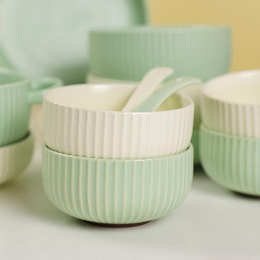 【竖纹系列餐具】ins奶油风陶瓷米饭碗家用吃饭碗小号面碗碗勺 商品图4