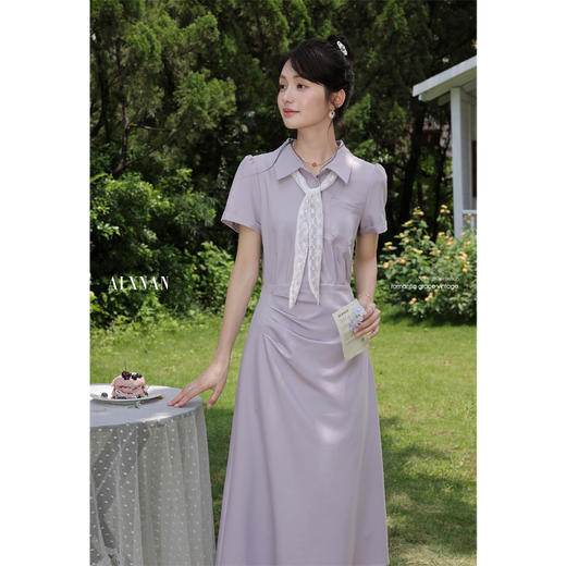 鹿向南「雨后小苍兰」法式气质灰蓝色短袖连衣裙女夏A字掐腰长裙DYL661879 商品图2