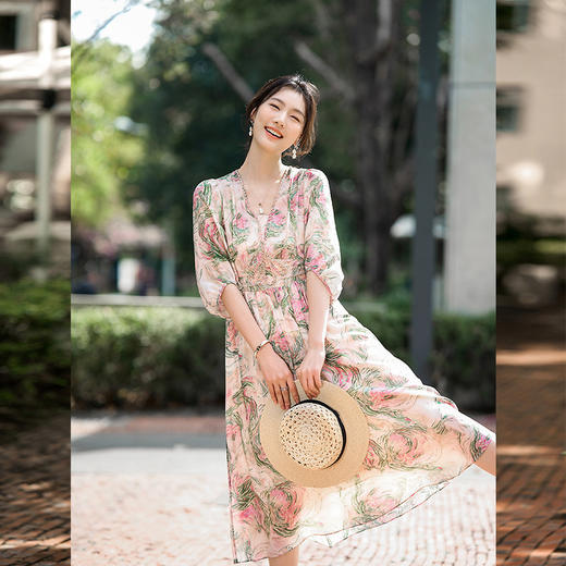 丁摩 夏季新品女装长款印花真丝连衣裙重工钉珠显瘦显高裙子5ZF-80022 商品图2