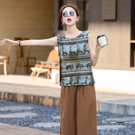 夏装复古老钱风气质圆领印花背心休闲阔腿裤套装女  HPT-CPYY8151 商品图5