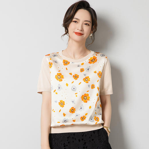 丁摩桑蚕丝针织T恤薄款圆领真丝上衣女印花短袖套头衫ALJ62535 商品图2