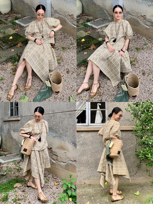 HIDEMI 不规则剪裁大伞状进口韩国纱线格纹泡泡袖上衣半身裙套装 商品图3