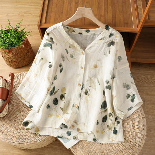 雀说复古印花百搭简约衬衫短外套女夏季薄款V领衬衣开衫外搭AL9618 商品图3