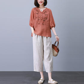 丁摩 苎麻女装两件套高端重工刺绣印花上衣休闲九分裤夏装2025新款麻料5ZF-905