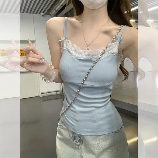 西遇针织吊带背心女夏季新款蝴蝶结蕾丝拼接修身短款上衣SS050880 商品图1