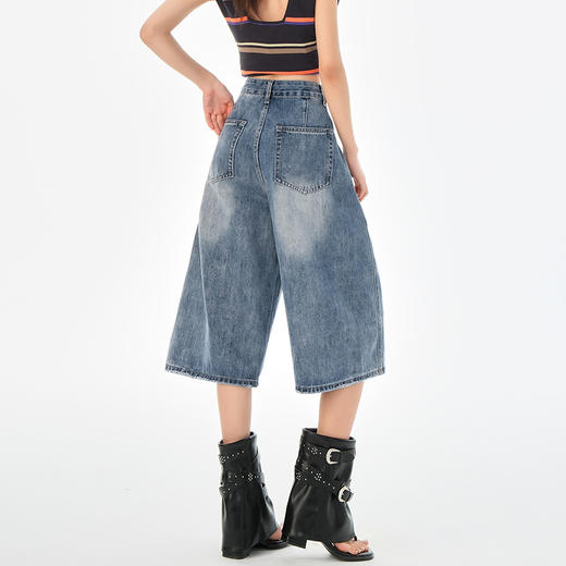 罗蒙夏季女士牛仔裤高腰显瘦阔腿七分裤时尚百搭宽松牛仔裤休闲通勤裤子 商品图2