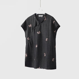 丁摩 真丝香云纱蝴蝶刺绣立领连肩袖衬衣女100桑蚕丝显瘦上衣夏新款5ZF-52049